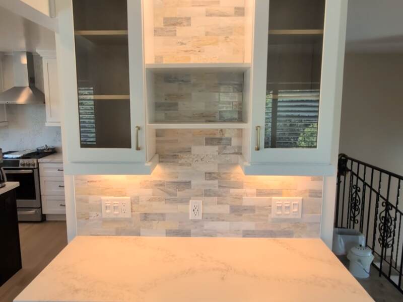 Bathroom Vanity — Double sink quartz vanity, large mirror, modern lighting