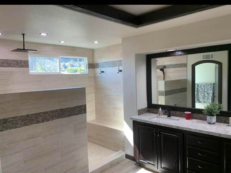 Kitchen — Custom hutch with glass cabinets, stone backsplash, under-cabinet lighting